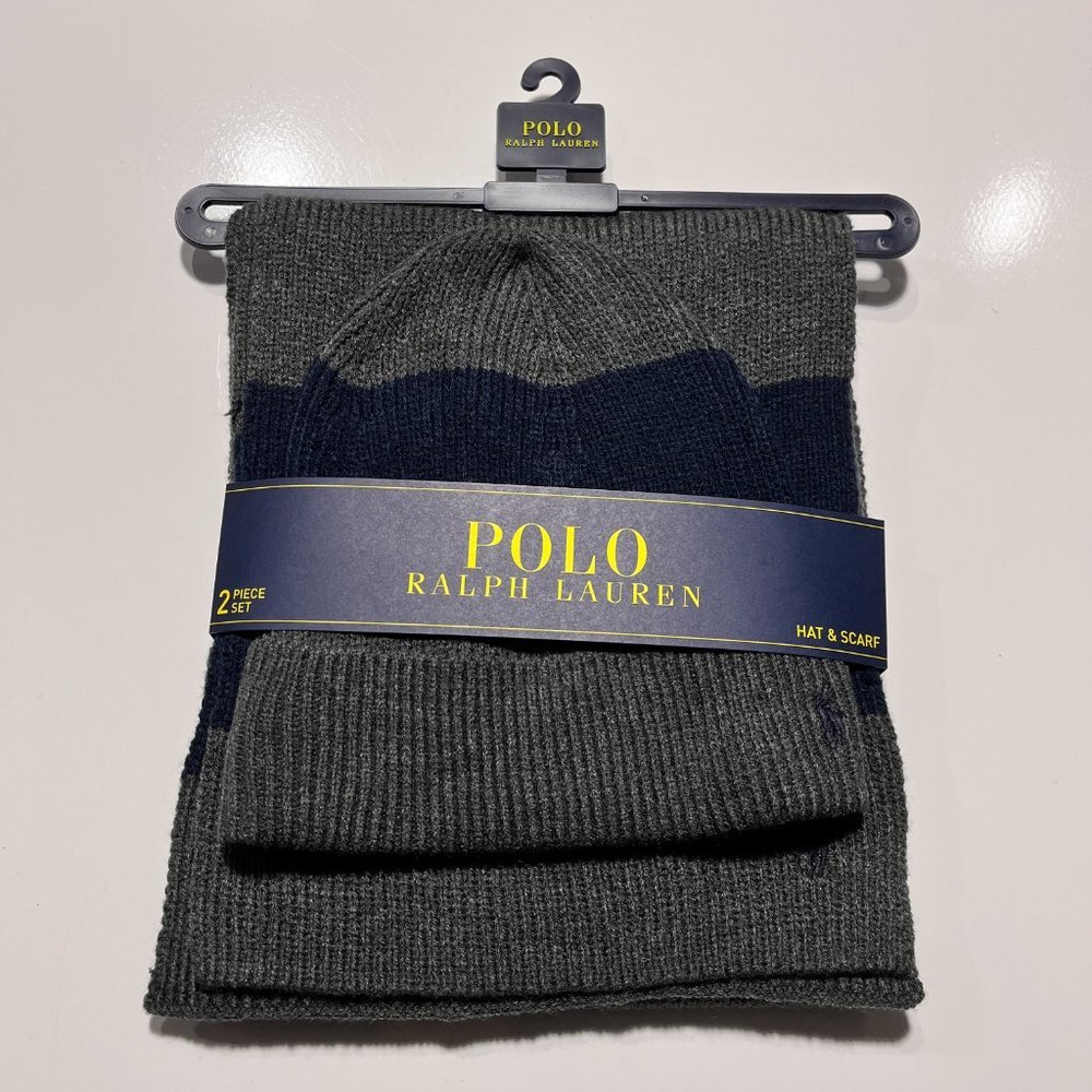 Polo Ralph Lauren 2 Piece Set Ribbed Hat Scarf Men's NWT One Size Gray Navy